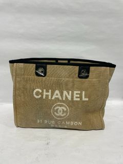 CHANEL Deauville PM Tote Bag Canvas Chain Beige Silver Metal 32cm x 27cm x  10cm