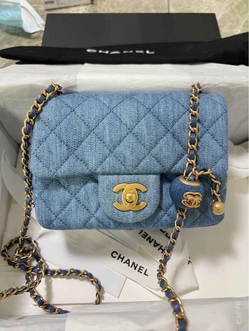 Chanel 22C Pearl Crush Square Mini in Denim, Blue Leather and AGHW