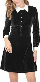 Collar Buttons A-Line Velvet Short Dress - Black/Purple/Green