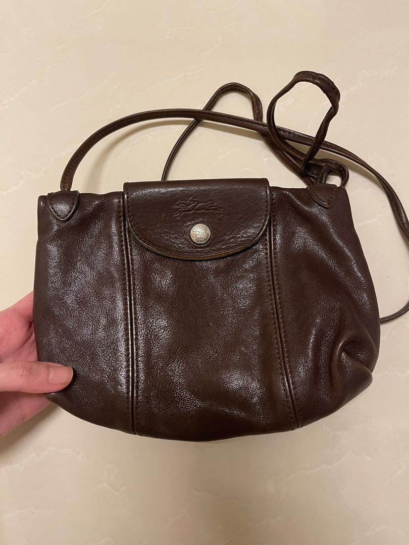 Longchamp Le Pliage Cuir Crossbody Bag in Dark Brown, Luxury, Bags