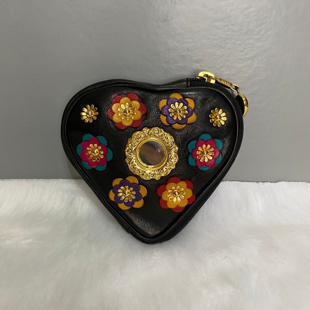 Moschino Redwall Rare Vintage Black Flower Applique Heart Clutch Bag