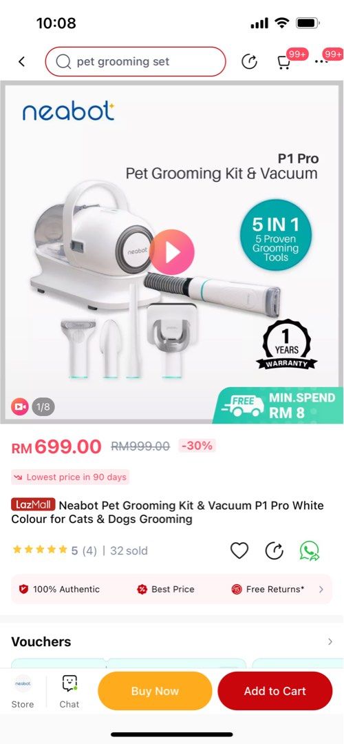 Neabot Pet Grooming Kit & Vacuum P1 Pro White Colour for Cats & Dogs