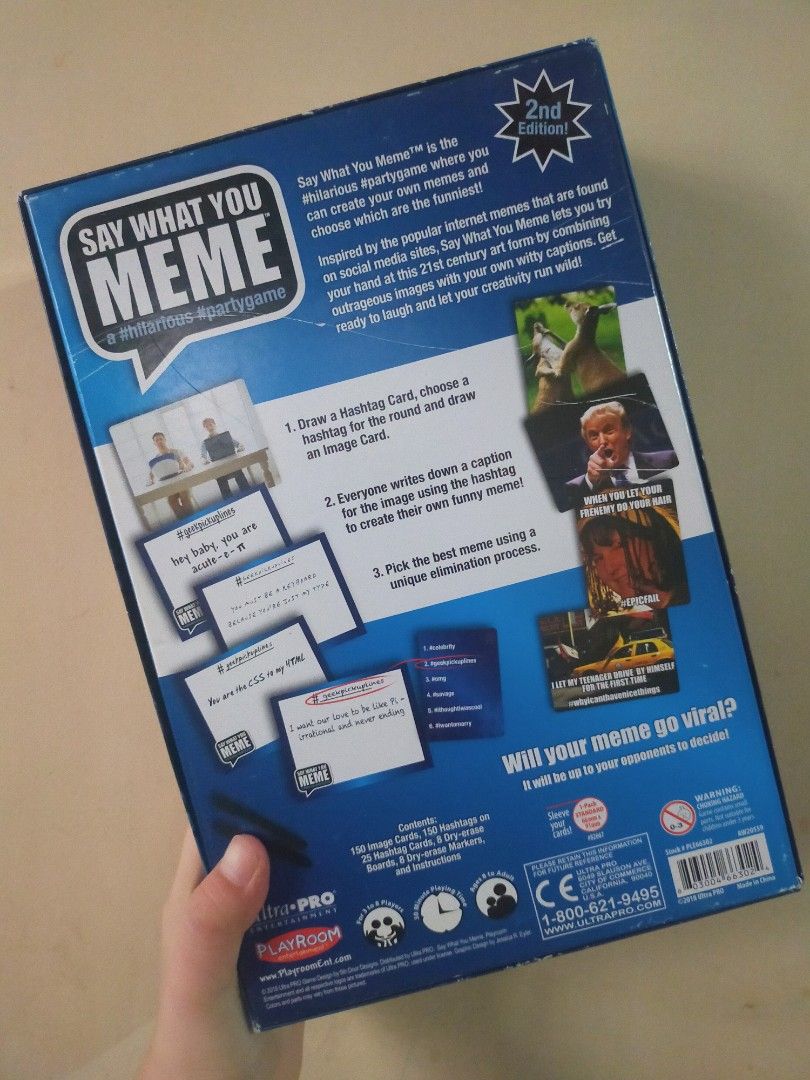 Say What You Meme (2nd Edition) Game (Category: Board Games & Puzzles) located in Tanza. Submitted by lessmess.ph (Listing ID 1196758887, Image 3). Description: Say What You Meme (2nd Edition) Game by Ultra Pro and Playroom Entertainment • From the US • Complete inclusions • Box may have some scratches and dents but still in good condition MOP: GCash and Maya MOD: LBC and Lalamove.