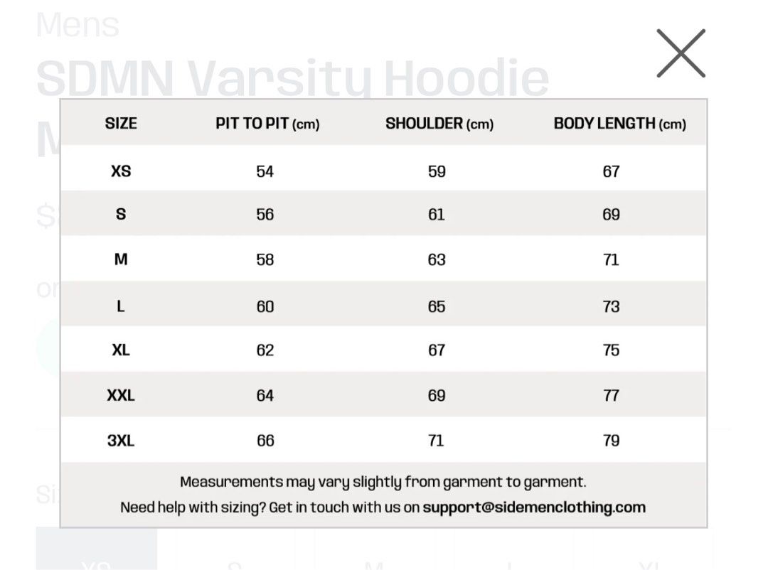 sidemen clothing size chart