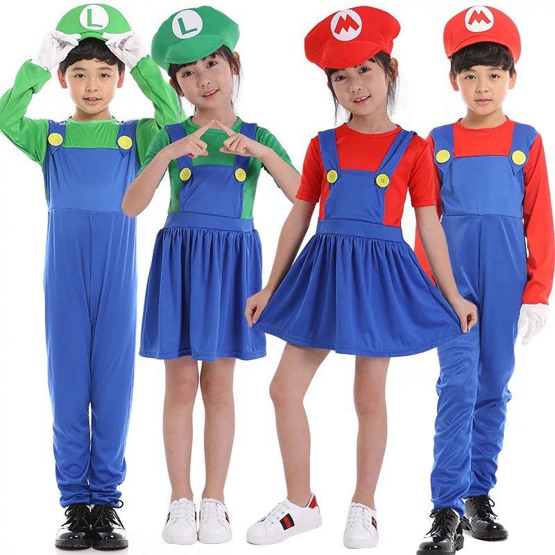 Super Mario Luigi Brother Cosplay Costume Jumpsuit Kids Carnival Womens  Dress