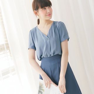 V領雪紡短袖上衣 灰藍S