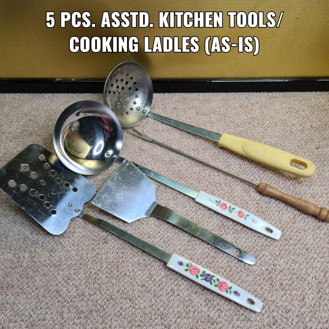 5 PCS. ASSTD. KITCHEN TOOLS/ COOKING LADLES (AS-IS) (Category: Cookware & Accessories) located in Bulacan. Submitted by sakurajade (Listing ID 1196870870, Image 1). Description: 5 PCS. ASSTD. KITCHEN TOOLS/ COOKING LADLES (AS-IS) 👉 Price: P220 ONLY ✅️ Good condition, new arrival, reusable ✅️ Material: Stainless Steel ✅️ Issue: Minor scratches, slightly used.