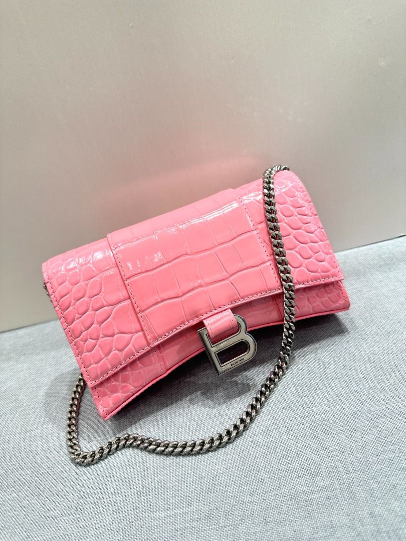 Balenciaga Hourglass Crocodile Embossed Chain Wallet Pink