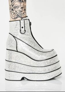 Dollskill Club Exx Discotheque Glitter Silver Platform Boots