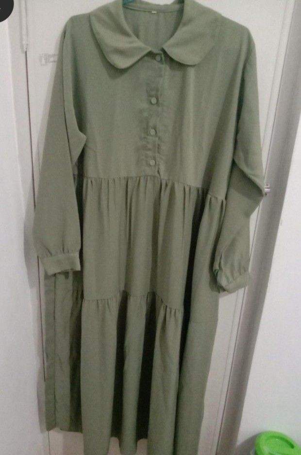 Gamis / Dress Hijau Sage Big Size, Fesyen Wanita, Pakaian Wanita, Gaun