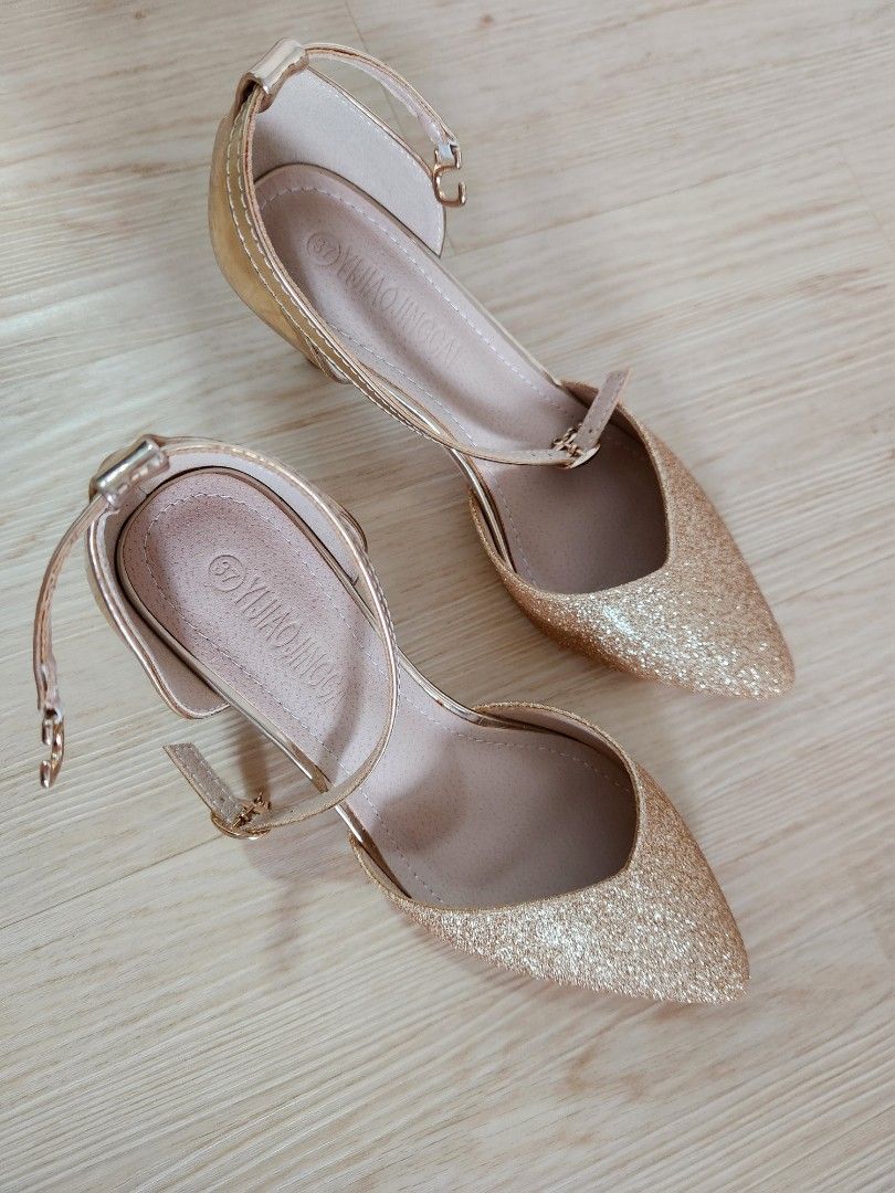 Gold Glitter Ankle Strap Heels Women s Fashion Footwear Heels