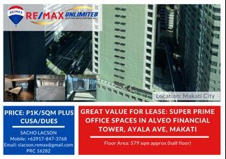 GREAT VALUE FOR LEASE: Super Prime Office Spaces in ALVEO FINANCIAL TOWER, Ayala Ave, Makati