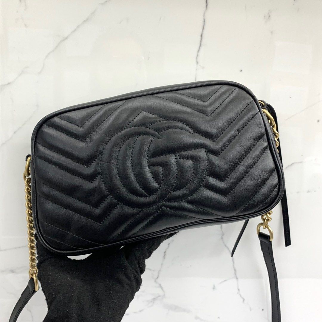 GUCCI 447632 MARMONT BLACK LEATHER SMALL CAMERA BAG 227031107 Luxury Bags Wallets on Carousell