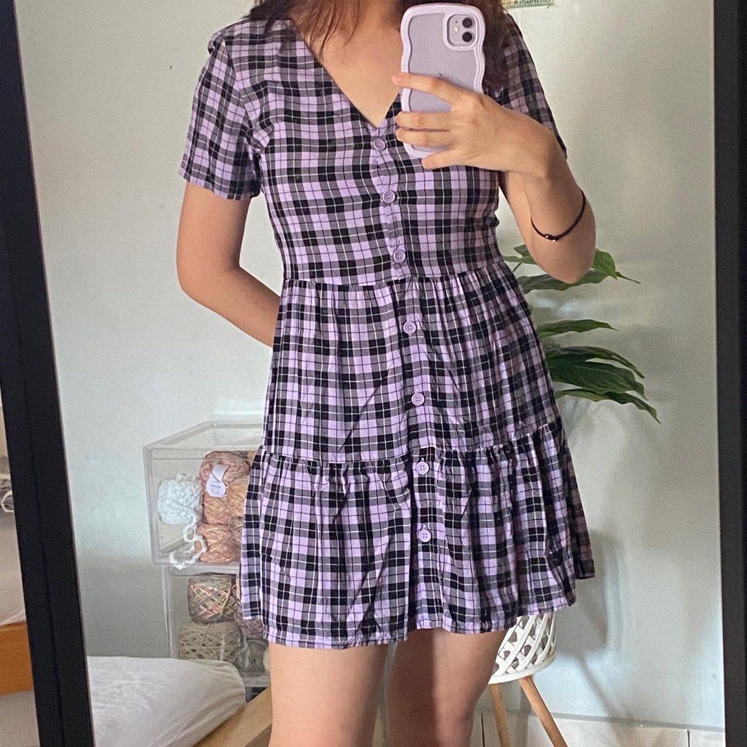H\u0026M Purple plaid dress, Women's Fashion, Dresses \u0026 Sets, Dresses on  Carousell