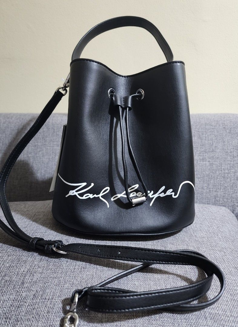 NWT Original Karl Lagerfeld Paris Adele Bucket Bag Crossbody Monogram Black  Gray