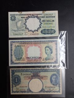 Malaya 1 Dollar notes 1941, 1953, 1959 Queen Elizabeth King George VI