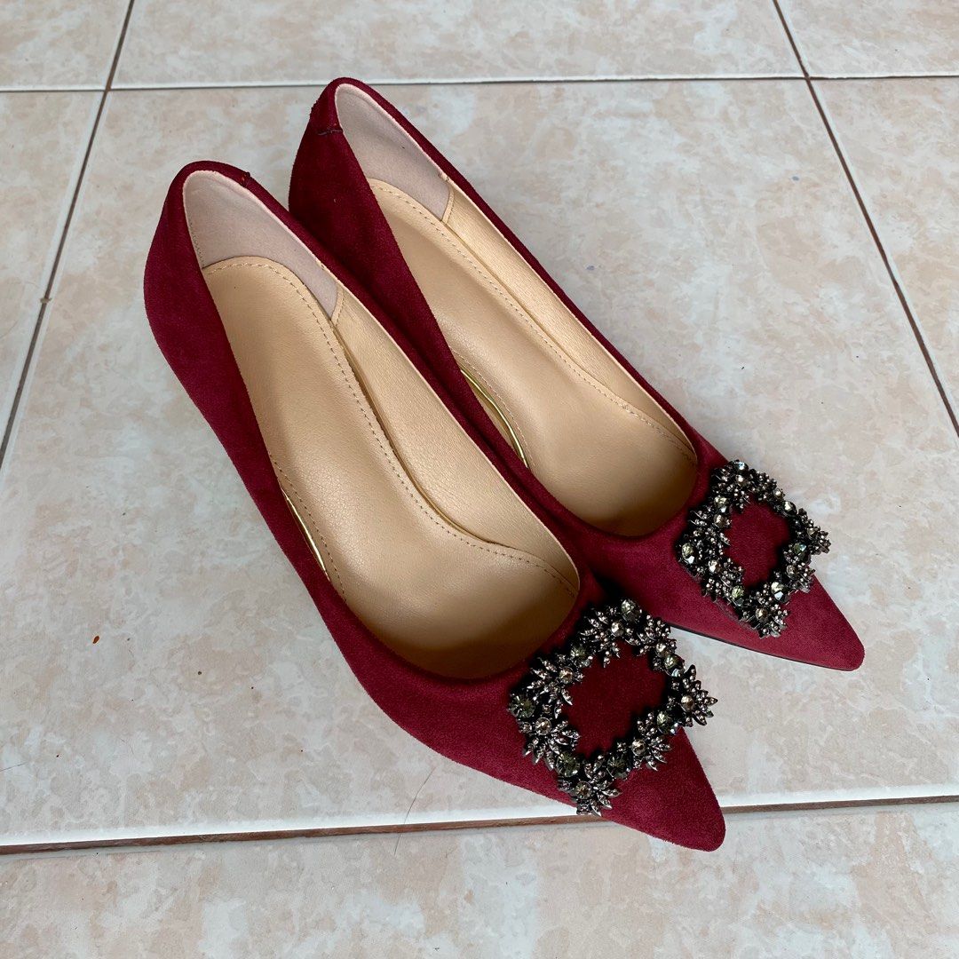 Dena wedding heels cream maroon flower by Helen Kunu by Kunu Looks |  Bridestory.com