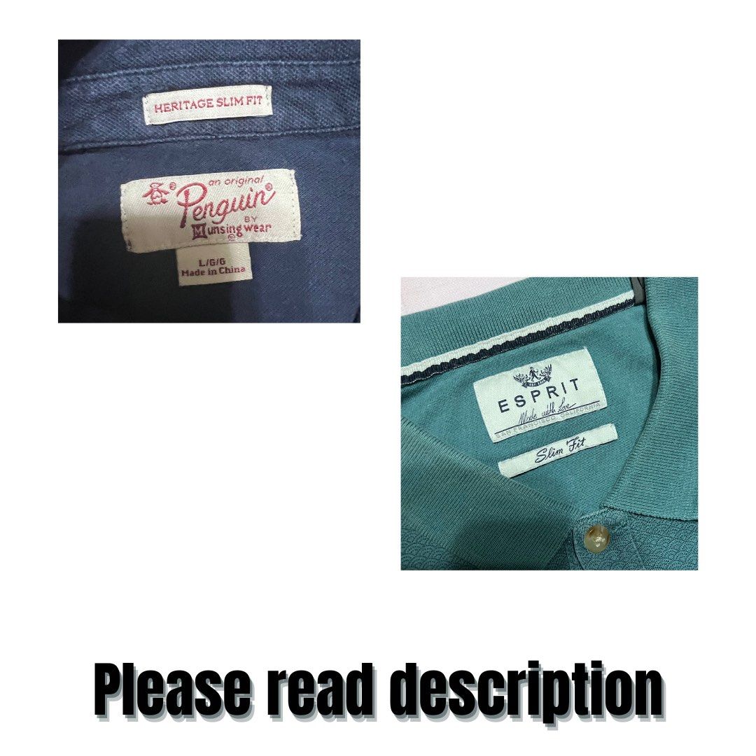 Men’s collared shirts bundle (Category: Tshirts & Polo Shirts ) located in Quezon City. Submitted by penggoyisdecluttering (Listing ID 1196975030, Image 2). Description: Men’s collared shirt bundle Get 2 shirts for 300 only 1. Penguin Heritage Slim fit Size: Large W: 18in L: 24in armhole: 9in Color: Navy Blue 2. Authentic Esprit Golf Shirt Slim fit Bought in Hong Kong With minor stain sa front W: 18in L: 27in armhole: 9in Color: Dark Green ☑️PLEA