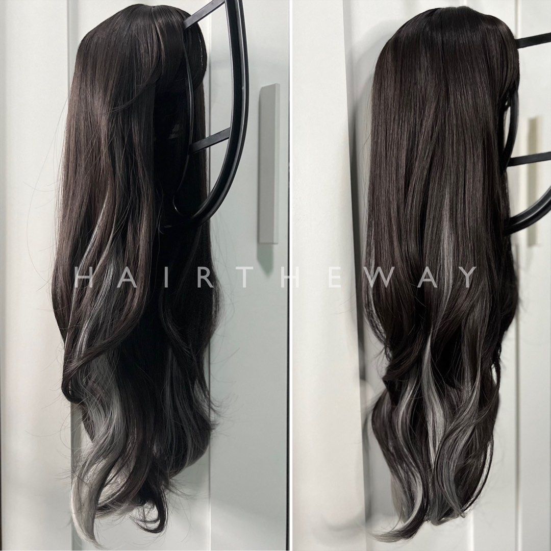 MIKKI | Natural Dark Brown Long Wavy Hair Wig with Peekaboo Ash Grey  Highlights, Beauty & Personal Care, Hair on Carousell