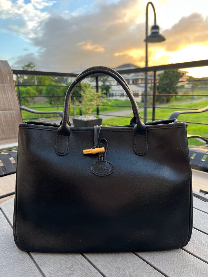 Preloved Longchamp Black Leather Tote Bag
