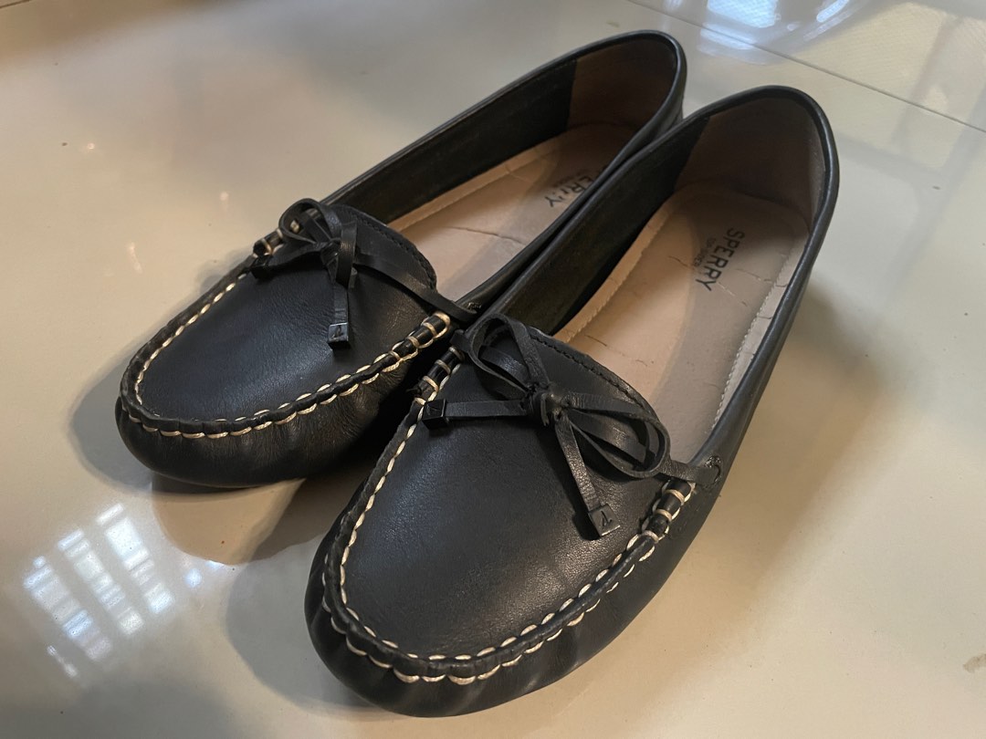 Sperry Topsider black leather boat shoes Women s Fashion
