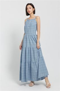 SUITANGTANGTANG Gingham Tiered Maxi Dress Blue Size S