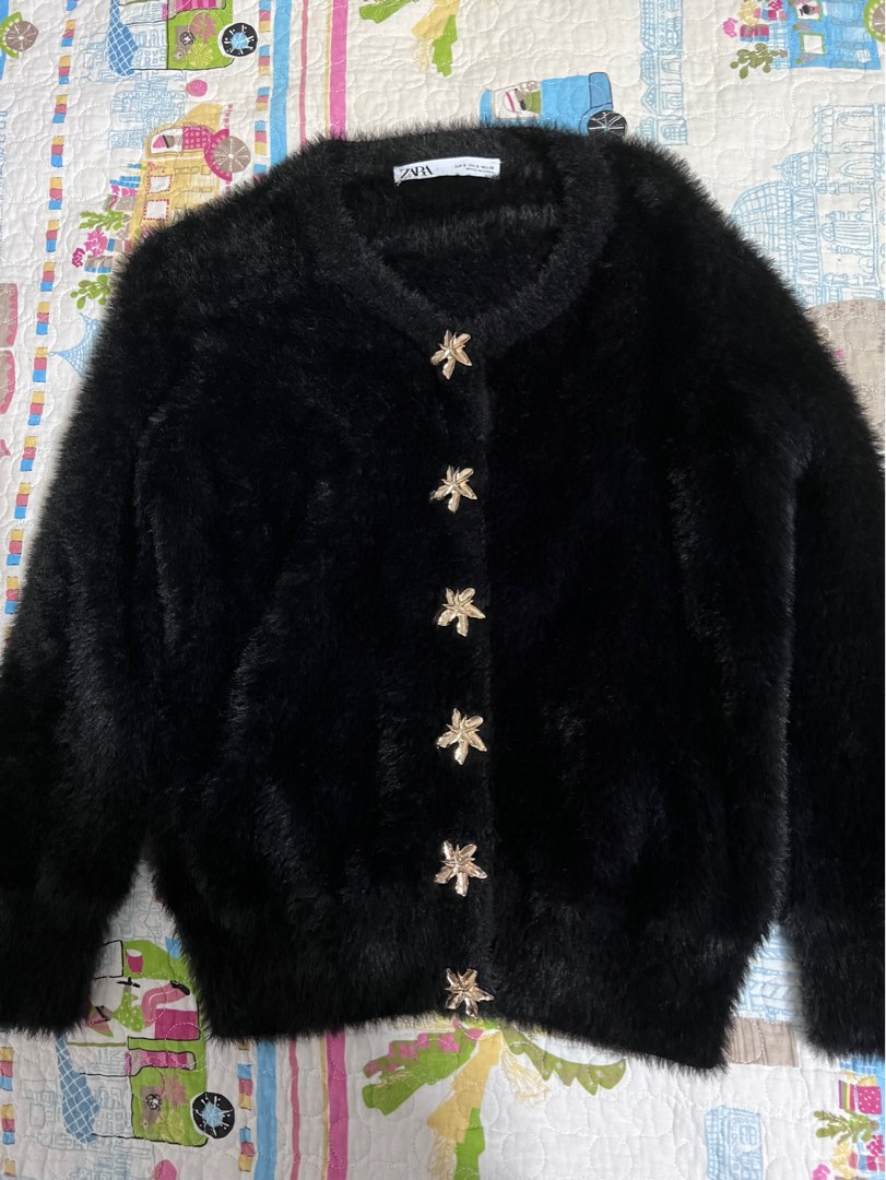 Zara faux fur cardigan with heart buttons on sale