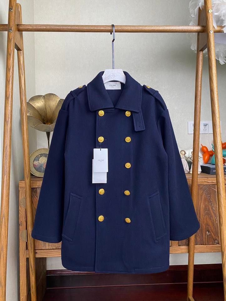 Authentic Celine Jacket Navy Military Peacoat In Felt