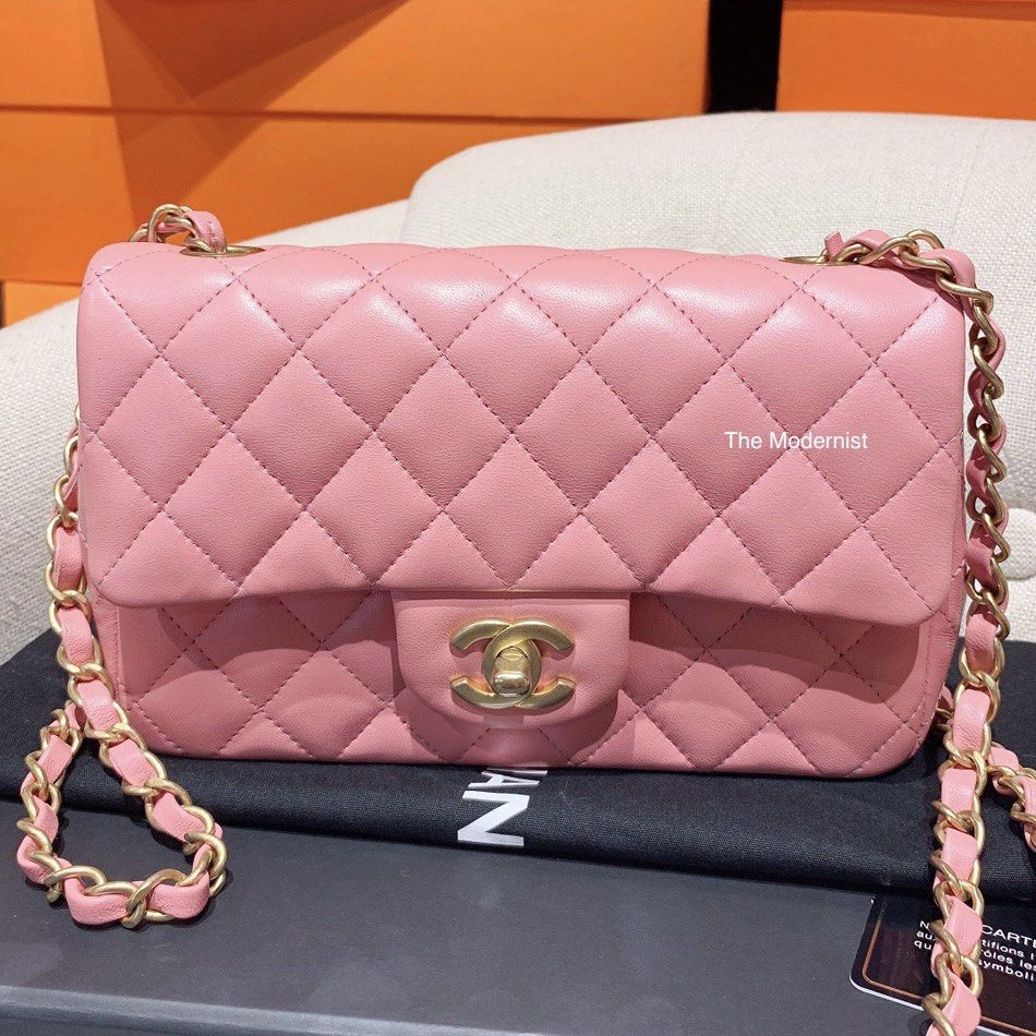 Authentic Chanel Mini Flap Bag Pink Lambskin Matte Gold Hardware