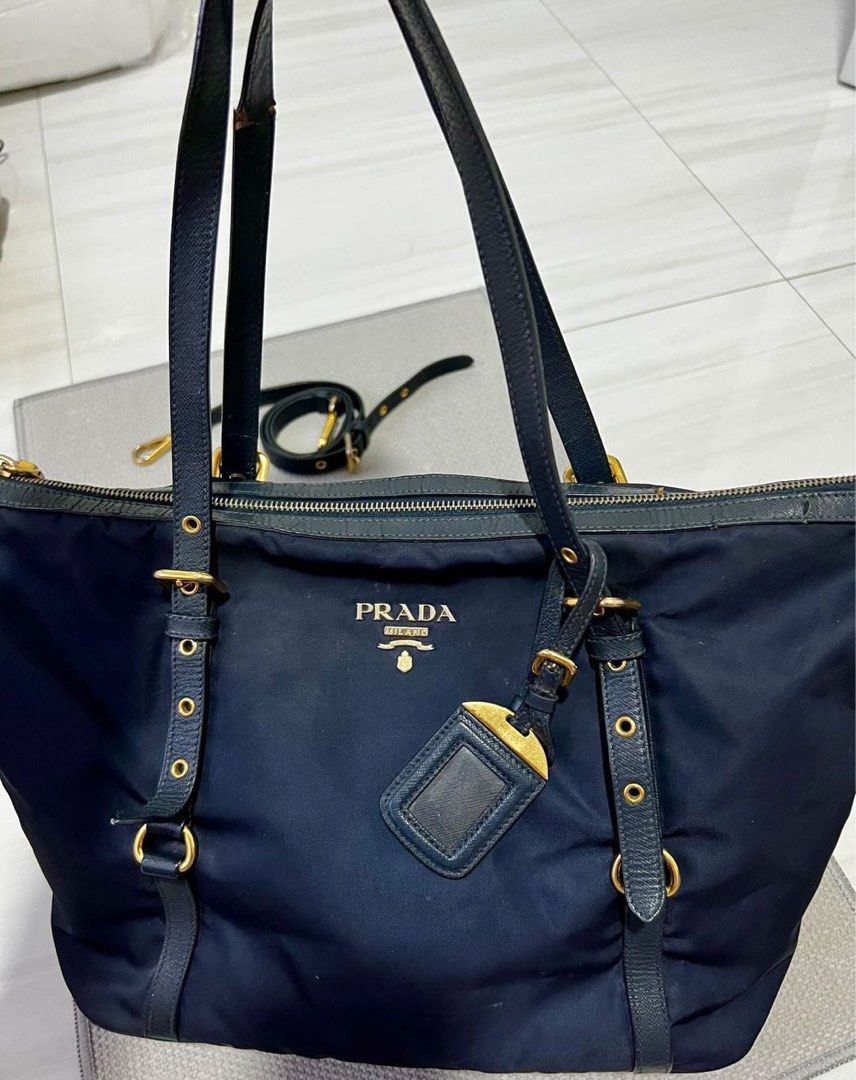 Authentic PRADA two way navy blue nylon tote bag sling bag, Luxury, Bags &  Wallets on Carousell