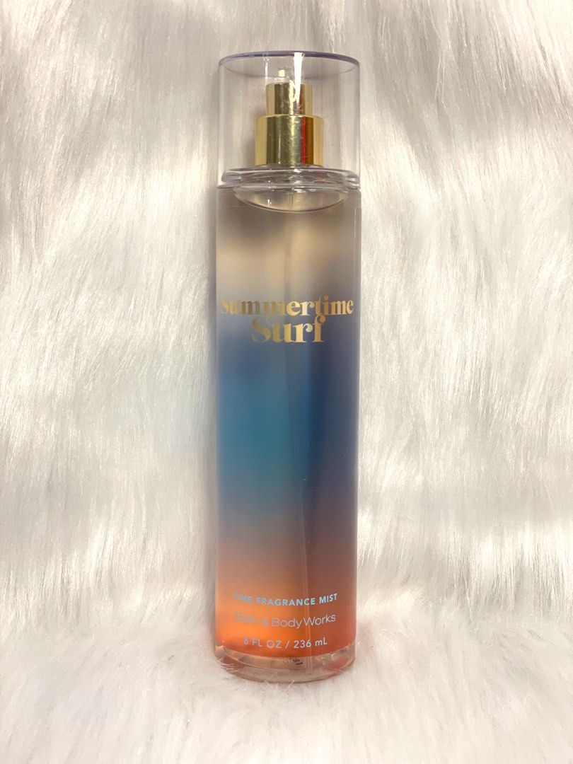 BBW Fine Fragrance Mist Summertime Surf (Category: Fragrance & Deodorants) located in Las Pinas. Submitted by bmjmiranda (Listing ID 1197297106, Image 1). Description: Bath & Body Works Fine Fragrance Mist Summertime Surf - Fragrance: Vanilla breeze, sea salt sands and sunny coconut. - What it smells like: Sweet sunrays glistening on saltwater waves. - 236 mL/8 fl oz - Lasts approximately 2-3 hours - Shelf life: 2-3 Years.