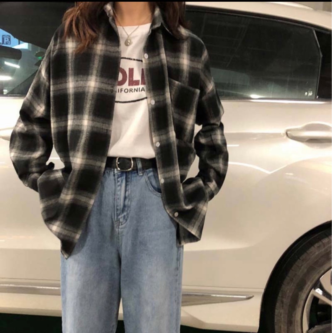 black and white flannel shirt, Women's Fashion, Coats, Jackets and  Outerwear on Carousell