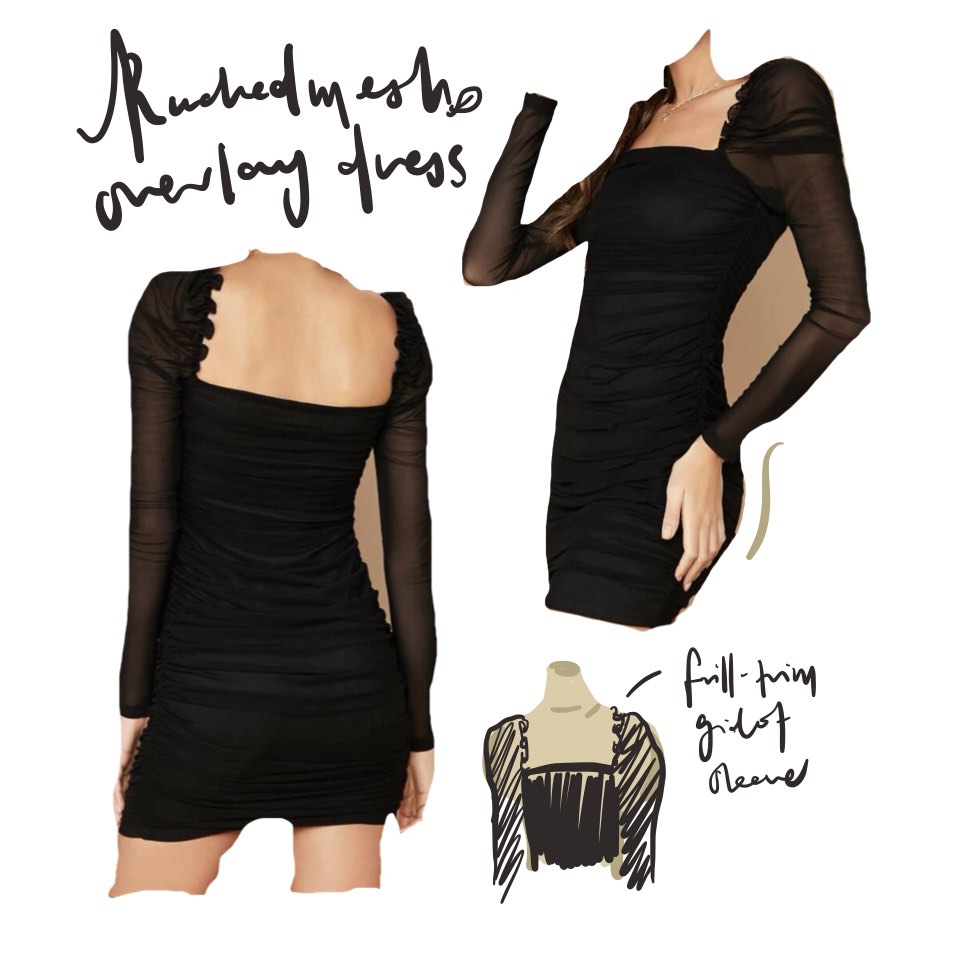 Yael Mesh Ruched Black Mini Dress