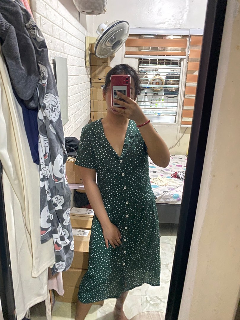 Green Polka Dot Square Neck Frill Dress main image 0
