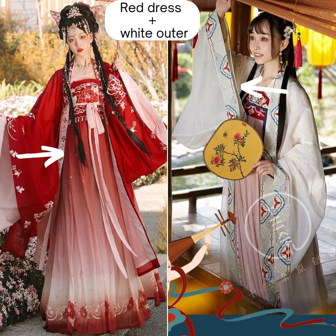 Hanfu Set (Red Dress/White Outer)花神记[牡丹花神] 唐制诃子裙+ 十三 