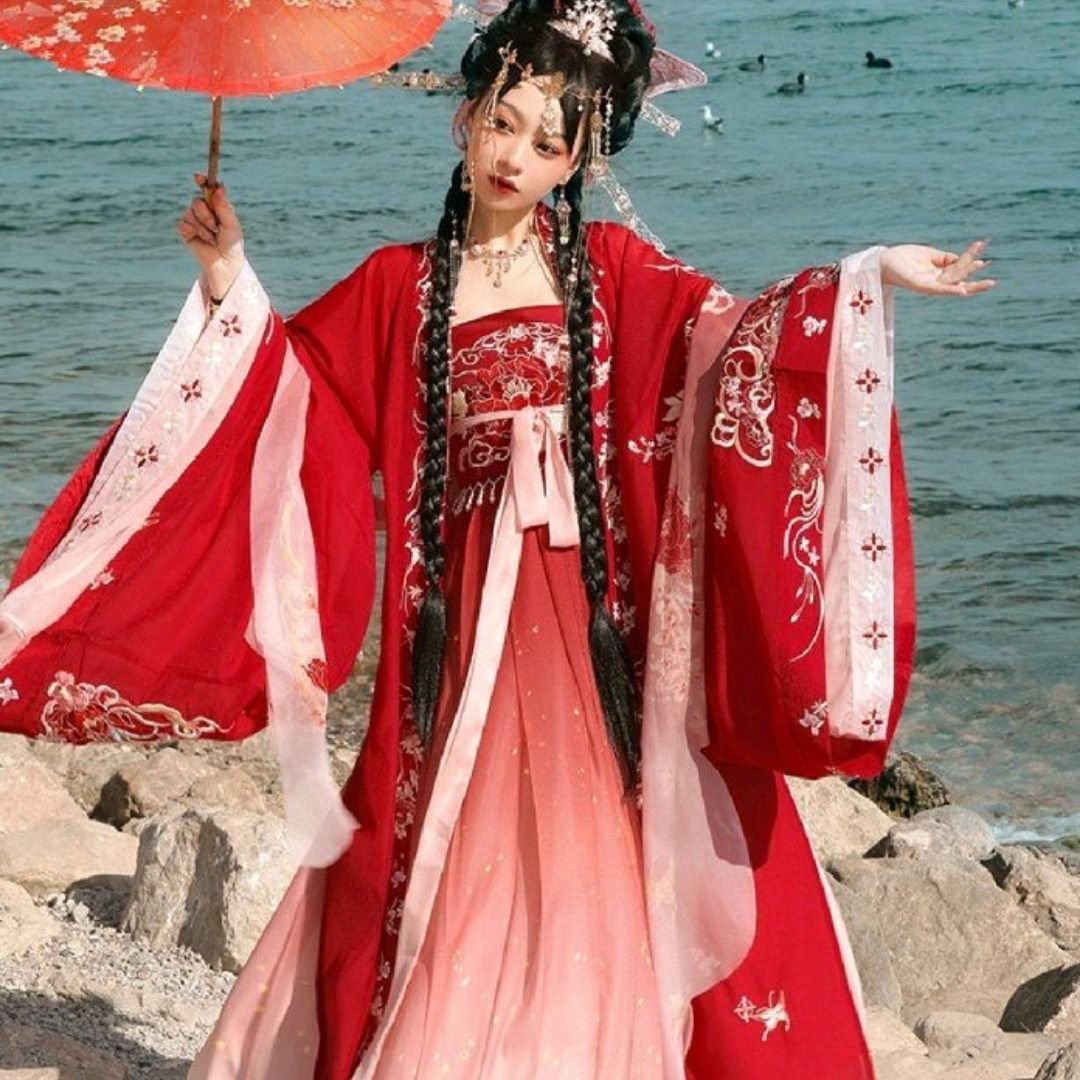 Hanfu Set (Red Dress/White Outer)花神记[牡丹花神] 唐制诃子裙+ 十三 