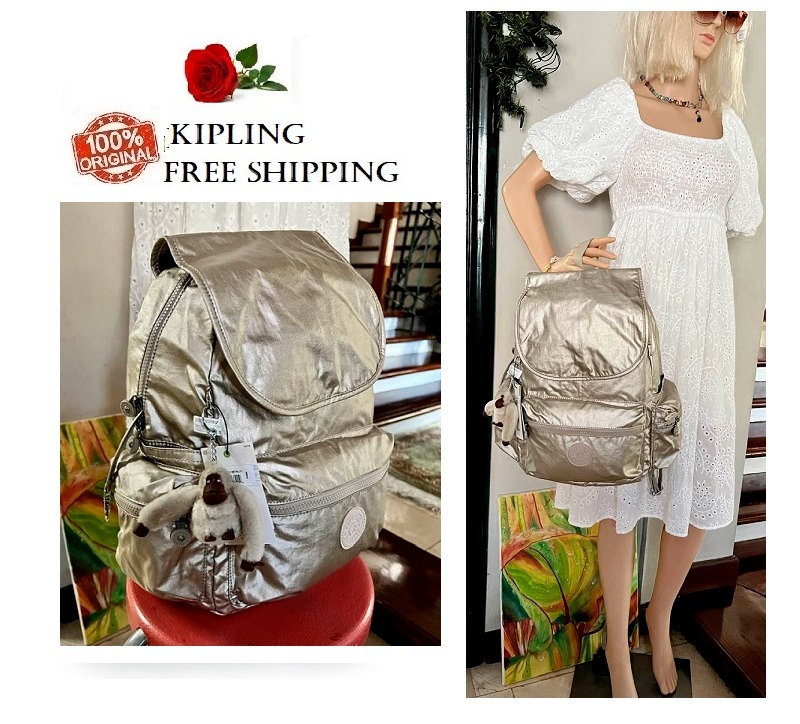 Kipling Ezra Metallic Gold Backpack Bag, Women's Fashion, Bags
