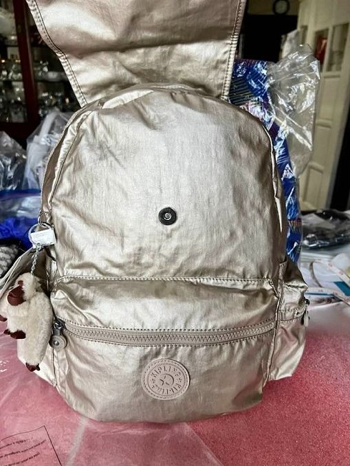 Kipling Ezra Metallic Gold Backpack Bag, Women's Fashion, Bags