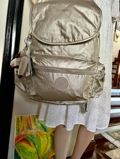 Kipling Ezra Metallic Gold Backpack Bag, Women's Fashion, Bags