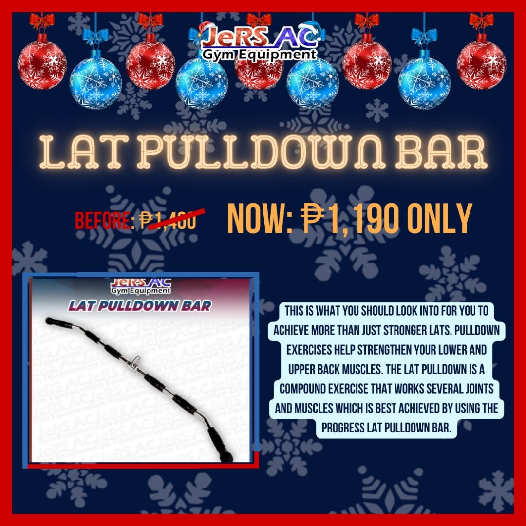 Lat Pulldown Bar (Category: Cardio & Fitness Machines) located in Quezon City. Submitted by jersactrading (Listing ID 1197183741, Image 1). Description: This is what you should look into for you to achieve more than just stronger lats. Pulldown exercises help strengthen your lower and upper back muscles. The lat pulldown is a compound exercise that works several joints and muscles which is best achieved by using the Progress Lat Pulldown Bar. For