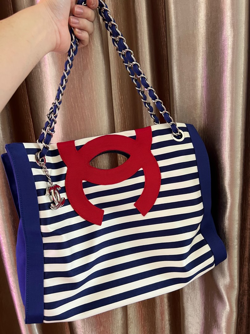 CHANEL Cruise Line Tote Bag Blue White Striped Canvas Leather Handbag  Authentic