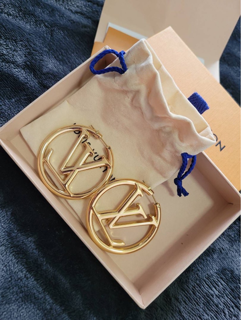 Louis Vuitton Gold Louise GM Logo Hoop Earrings – Shop Luxe Society