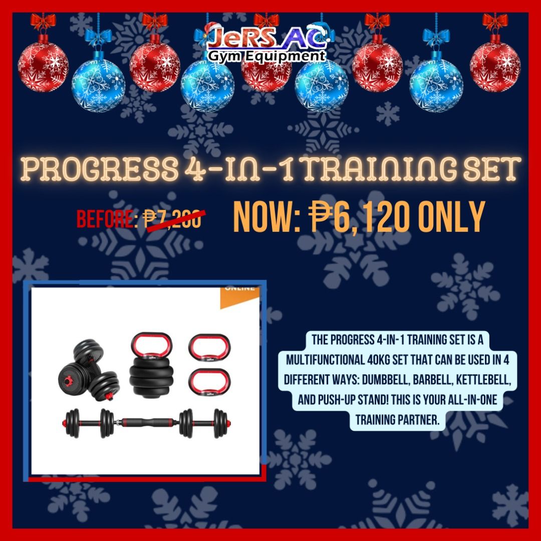 Progress 4-in-1 Training Set (Category: Weights & Dumbbells) located in Quezon City. Submitted by jersactrading (Listing ID 1197181866, Image 1). Description: The Progress 4-in-1 Training Set is a multifunctional 40kg set that can be used in 4 different ways: dumbbell, barbell, kettlebell, AND push-up stand! This is your all-in-one training partner. For inquiries: 📱 0905-999-0399 ☎️ 7527-5942 Or you can check our: 💻 Website: https://jersacgymeq
