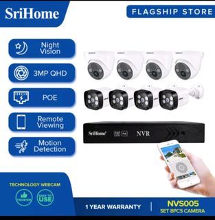 Set of  8 SRICAM SriHome NVS005 3MP 1080P Wi-Fi 1080P 8 Channel PoE NVR Kit Waterproof Indoor Outdoor CCTV Camera Plug&Play Security Camera System
