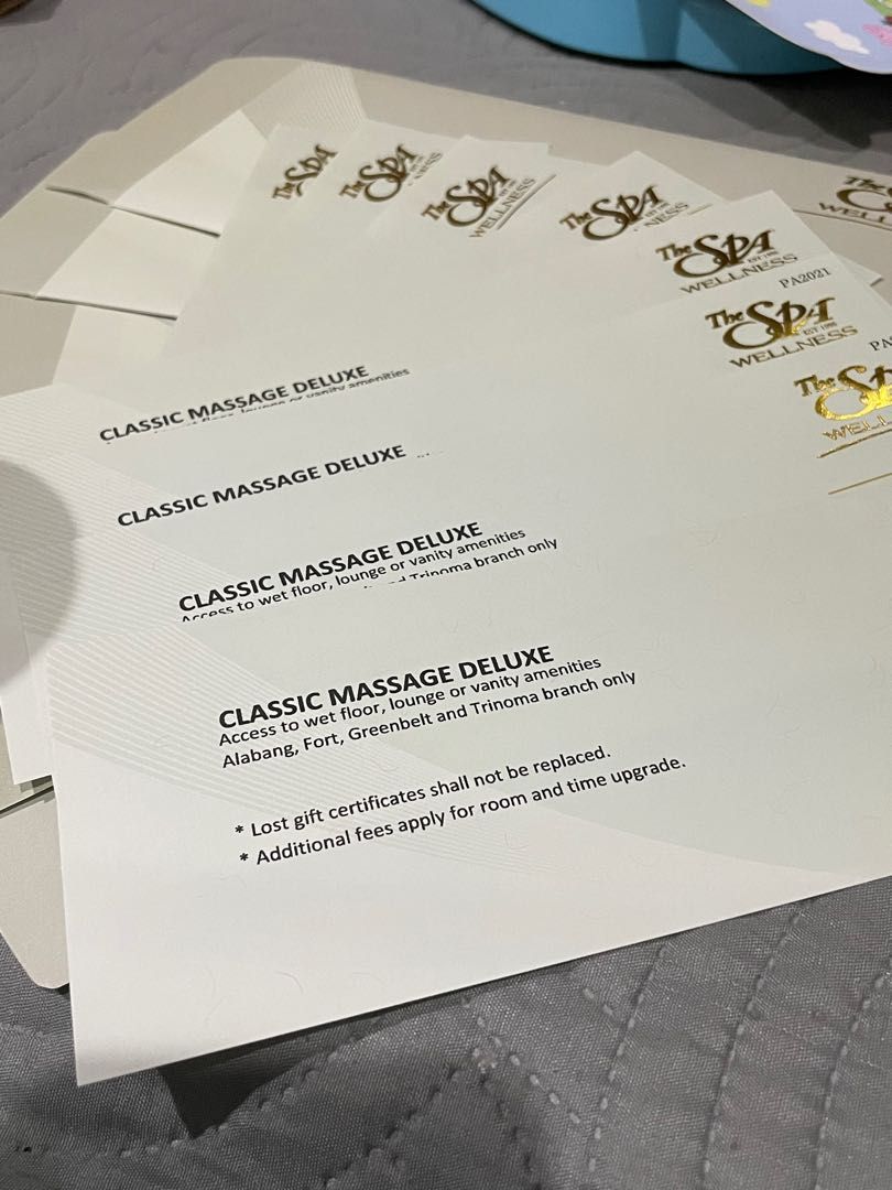 The Spa GCs (Classic Massage Deluxe) (Category: Store Credits) located in Makati City. Submitted by glamorous_finds (Listing ID 1197217873, Image 1). Description: The Spa Gift Certificates - The Deluxe (common) rooms with access to the common wet floor area. Available at Greenbelt, Trinoma and BGC. - No expiry dates - Updated price is Ps 1,375 each and selling it for Ps 1,000 each (fixed price).