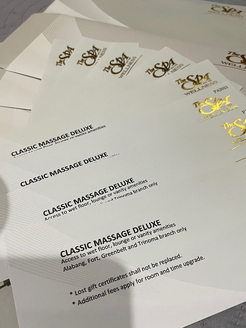 The Spa GCs (Classic Massage Deluxe) (Category: Store Credits) located in Makati City. Submitted by glamorous_finds (Listing ID 1197217873, Image 2). Description: The Spa Gift Certificates - The Deluxe (common) rooms with access to the common wet floor area. Available at Greenbelt, Trinoma and BGC. - No expiry dates - Updated price is Ps 1,375 each and selling it for Ps 1,000 each (fixed price).