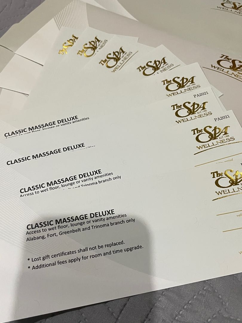 The Spa GCs (Classic Massage Deluxe) (Category: Store Credits) located in Makati City. Submitted by glamorous_finds (Listing ID 1197217873, Image 3). Description: The Spa Gift Certificates - The Deluxe (common) rooms with access to the common wet floor area. Available at Greenbelt, Trinoma and BGC. - No expiry dates - Updated price is Ps 1,375 each and selling it for Ps 1,000 each (fixed price).