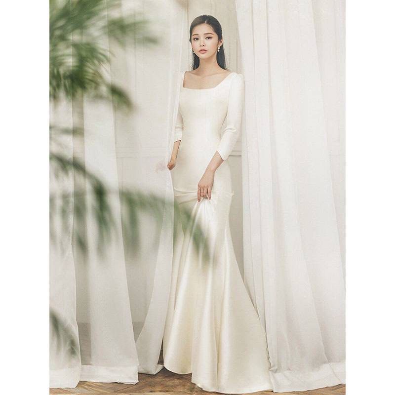 Wedding Satin Dress Simple Korean Style With Long Train, Women'S Fashion,  Dresses & Sets, Evening Dresses & Gowns On Carousell