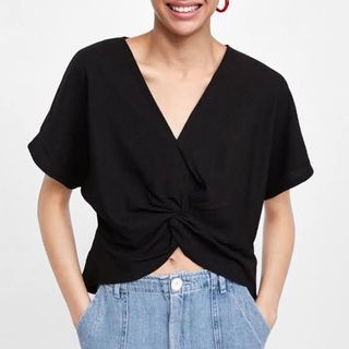 Zara Knotted Textured Weave Blouse