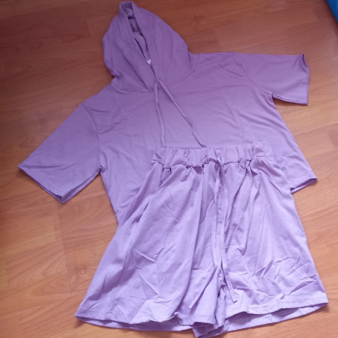 BNWT Purple Short Sleeve Crop Hoodie and Shorts Set Women s